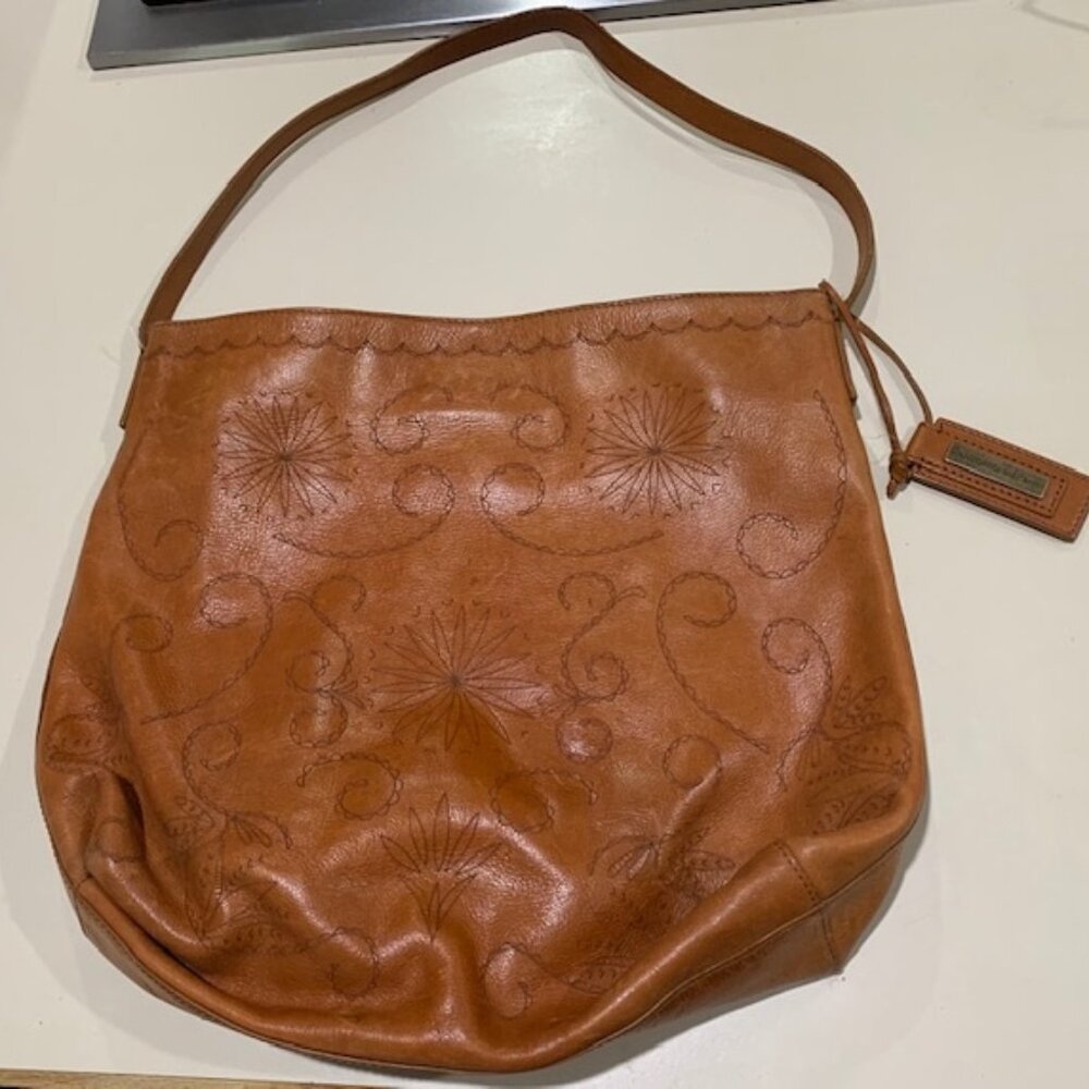 Antonio Melani Brown Leather Tote Handbag Purse Embroidered Suede Lined Bag